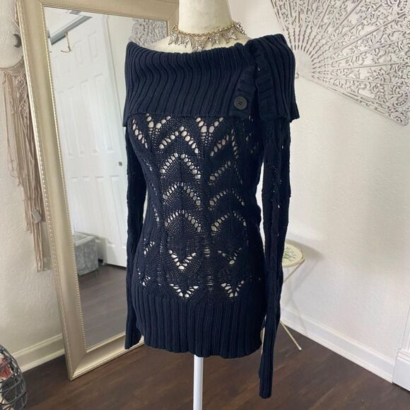 Guess Jeans Early 2000's Black Knit Off The Shoulder Long Sleeve Sweater S - Picture 4 of 7